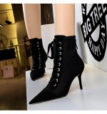 Size:4.5-8.5 Women Sexy Solid Color Suede Upper Pointed Toe Lace-Up Short Boots