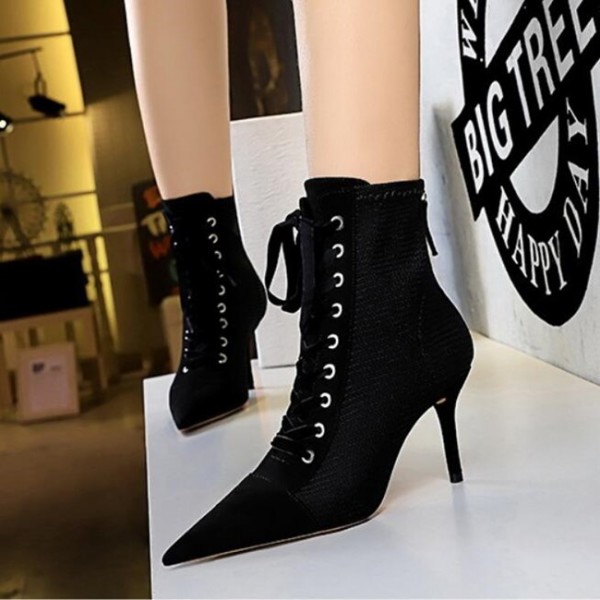 Size:4.5-8.5 Women Sexy Solid Color Suede Upper Pointed Toe Lace-Up Short Boots