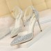 Size 4.5-8.5 Women Sweet Shiny Rhinestone Decor Buckle Ankle Strap Pointed Toe Stiletto Sandals Shoes