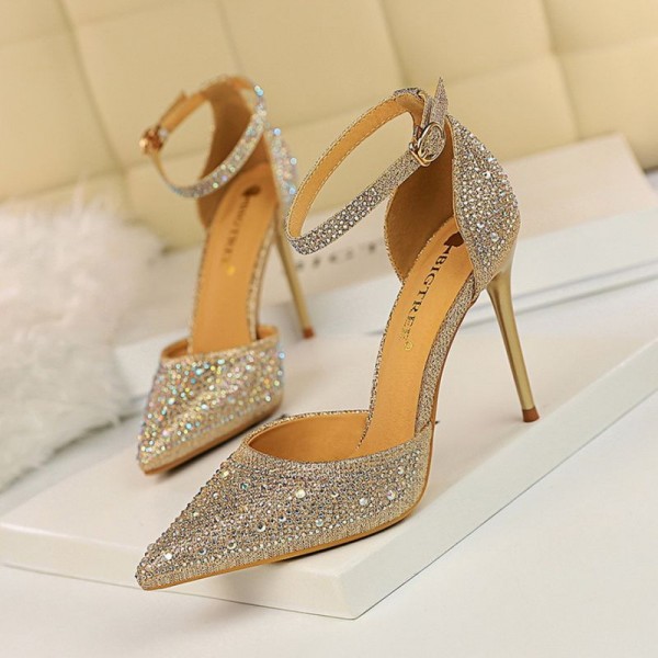 Size 4.5-8.5 Women Sweet Shiny Rhinestone Decor Buckle Ankle Strap Pointed Toe Stiletto Sandals Shoes