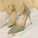 Size 4.5-8.5 Women Sweet Shiny Rhinestone Decor Buckle Ankle Strap Pointed Toe Stiletto Sandals Shoes