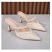 Women Fashion Sexy Pearl Embellished Pointed Toe Stiletto Sandals