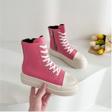 Women Fashion Thick-soled Solid Color Leather High Top Sneakers