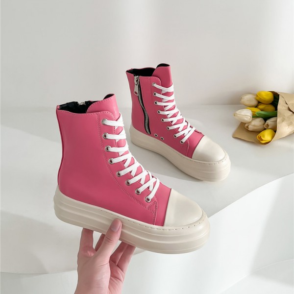 Women Fashion Thick-soled Solid Color Leather High Top Sneakers