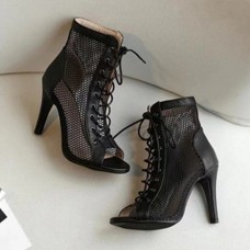 Women'S Fashion Round Toe Mesh Stiletto Hollow Lace Up Short Boots