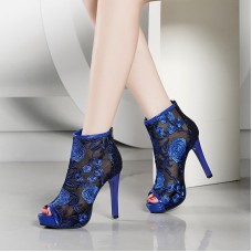 Women Fashion Hollow Retro Embroidery Back Zip Short Stiletto Heel Boots