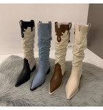 Women Fashion Retro Solid Color Pointed Toe Western Denim Heap High Boots