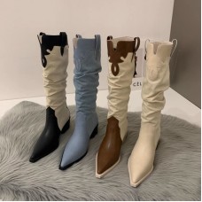 Women Fashion Retro Solid Color Pointed Toe Western Denim Heap High Boots