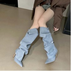 Women Fashion Sexy Denim PU Creased Rivets Pointed Toe Stiletto Mid-Calf High Heel