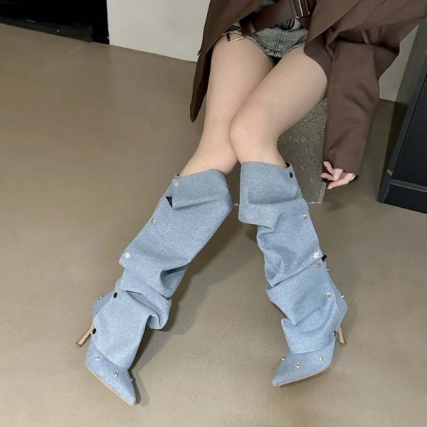 Women Fashion Sexy Denim PU Creased Rivets Pointed Toe Stiletto Mid-Calf High Heel