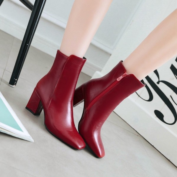 Autumn And Winter Women Fashion Solid Color Side Zipper Pu Square Toe Chunky Heel Mid-Calf Boots