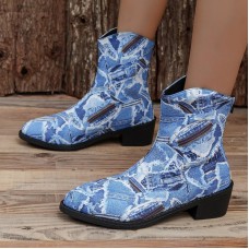 Women Fashion Plus Size Denim Print Pointed Toe Short Boots