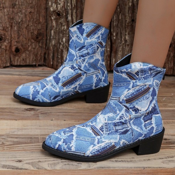 Women Fashion Plus Size Denim Print Pointed Toe Short Boots