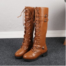 Women Fashion Plus Size Solid Color Strap Rivet High Boots