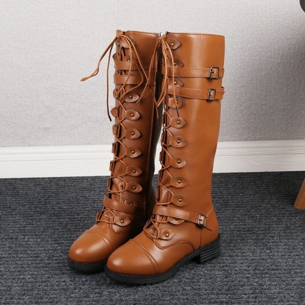 Women Fashion Plus Size Solid Color Strap Rivet High Boots