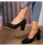 Women Fashion Plus Size Matte Pu Point Toe Chunky Heel Pumps