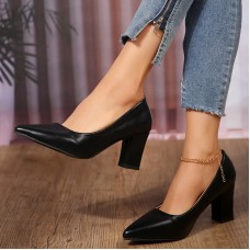 Women Fashion Plus Size Matte Pu Point Toe Chunky Heel Pumps