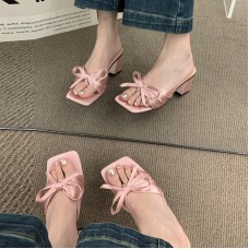 Satin Bow Know Thick Heel Women Summer Open Toe High Heels Slippers