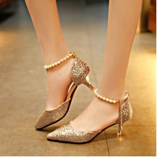 Women Fashion Sexy Pointed Toe Pearl Chain Pumps