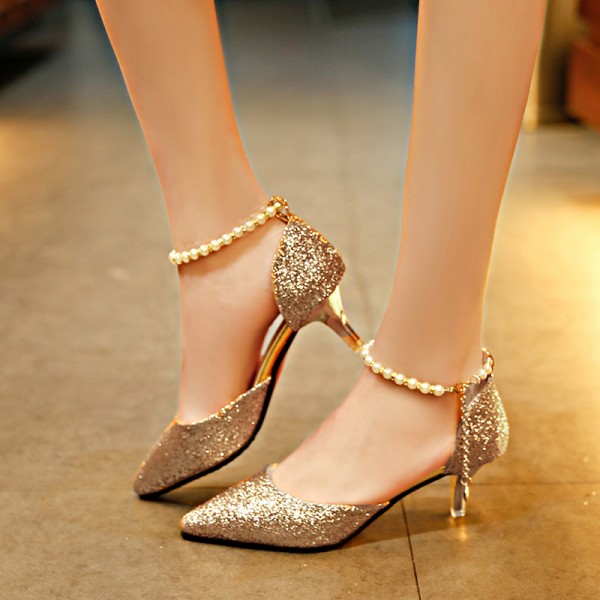 Women Fashion Sexy Pointed Toe Pearl Chain Pumps